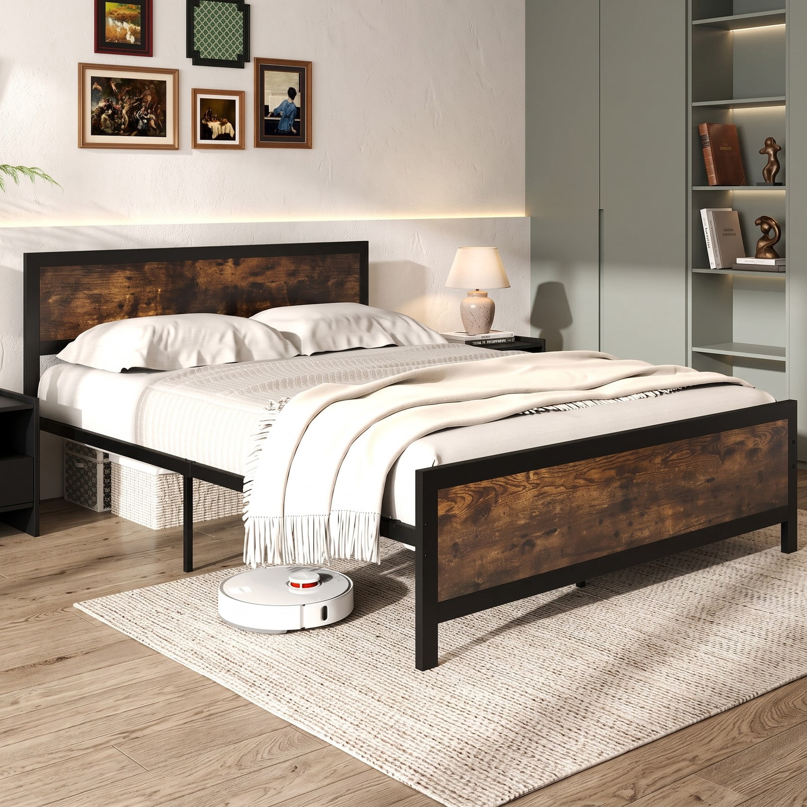 Furnibear Queen Size Bed Frame Metal Platform Bed with Wood Panel Headboard and Footboard, Under Bed Storage No Box Spring Needed, Rustic Brown