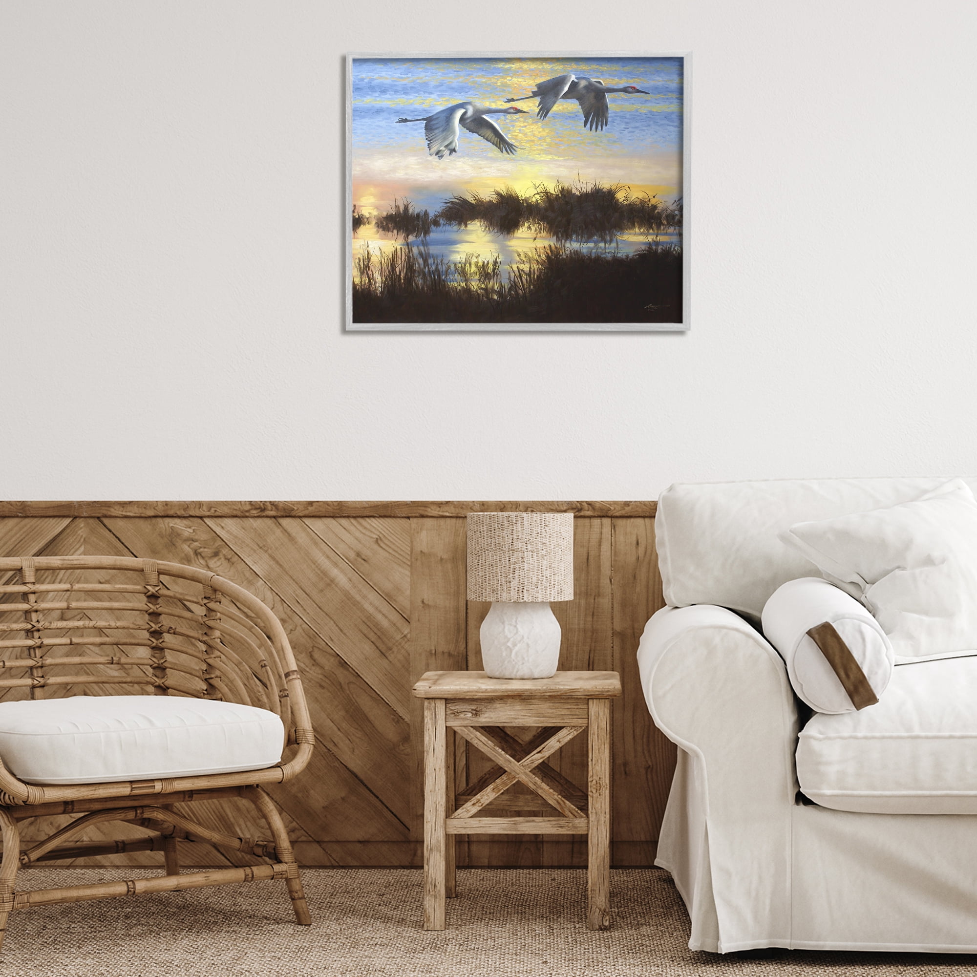 Stupell Industries Two Cranes Over Lake Landscape Painting Gray Framed Art Print Wall Art, 30 x 24