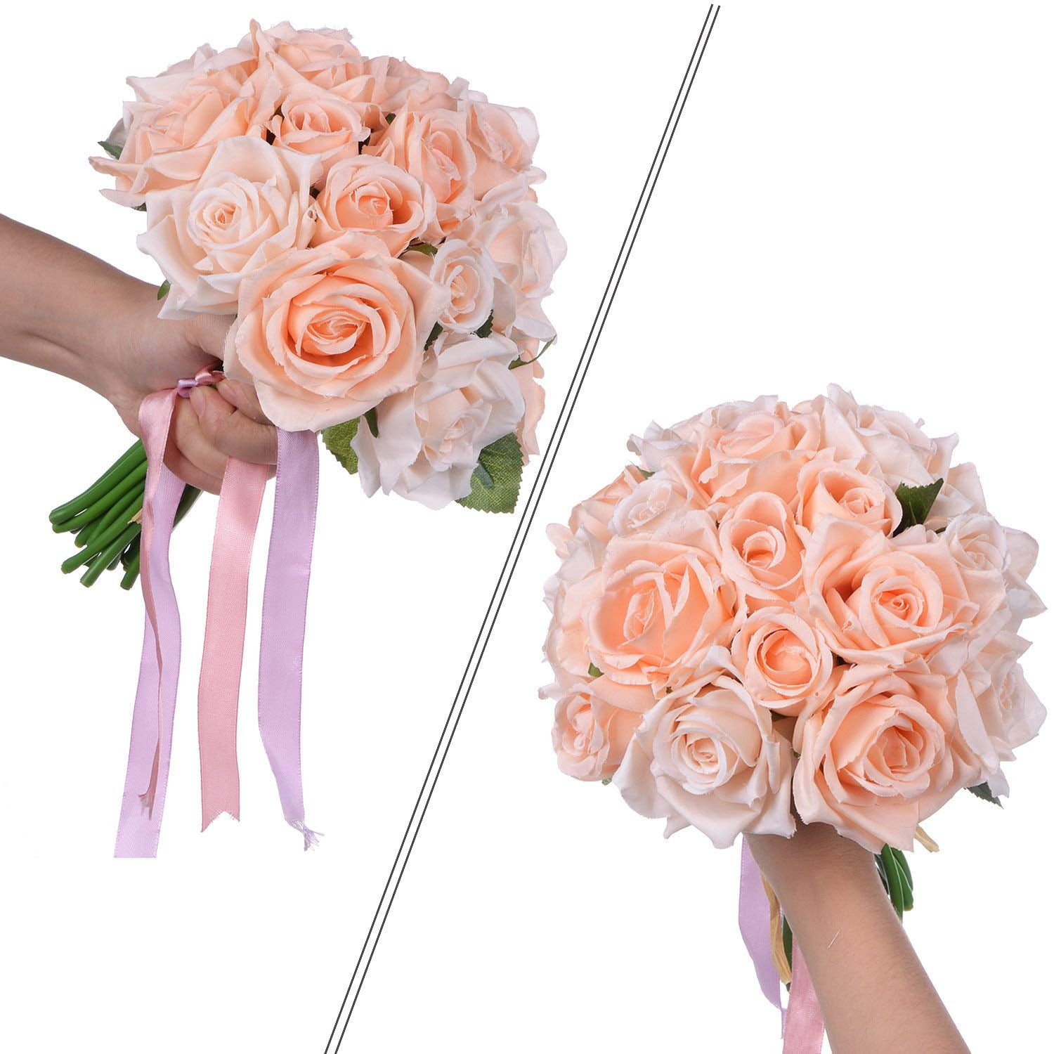 Silk Bridal Wedding Bouquet 24 Roses Pink Silk Rose Hand Tie 
