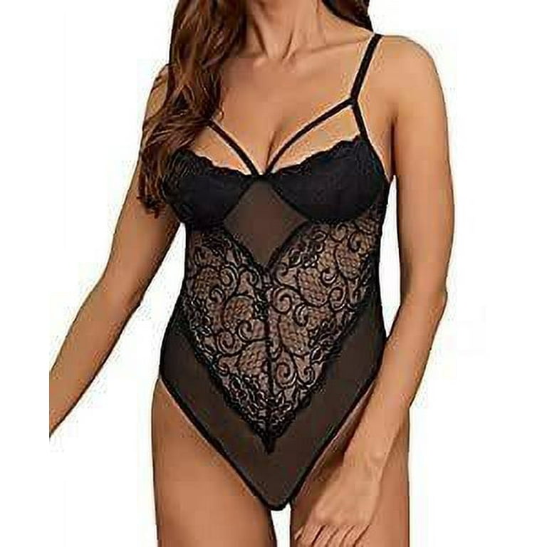 Sexy dark black lace mesh bodysuit lingerie teddy, Snazzyway