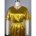 thumbnail image 6 of Women'S Satin Silky Long Sleeve V Neck Lace Up High Waist Side Split Maxi Dress Yellow L, 6 of 10