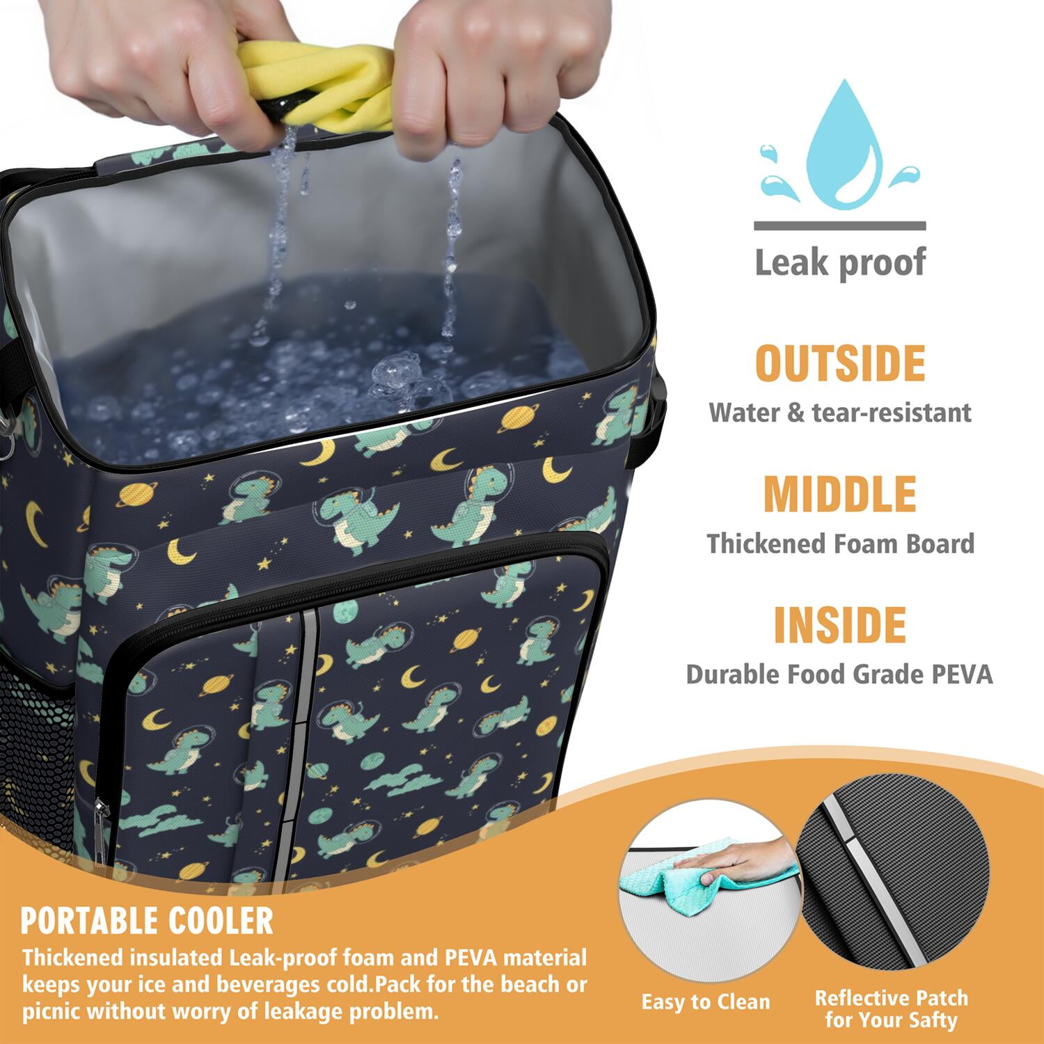 Travel Cooler Bag - Dark Blue Dinosaurs Space Pattern Camping Beer Cooler Backpack with Bottle Opener- Waterproof Insulated Picnic Backpacks - Cooler Bag for Beach
