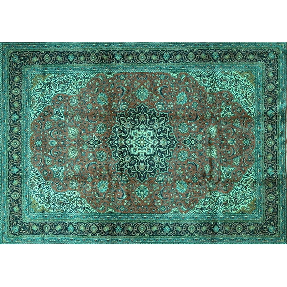 Ahgly Company Machine Washable Indoor Rectangle Medallion Turquoise Blue Traditional Area Rugs, 7' x 9'