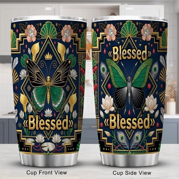 Butterfly Tumbler 20oz with Lid Botanic Purple Inspirational Bible Verse Blessed Jer. 17:7 Cup for Women & Men