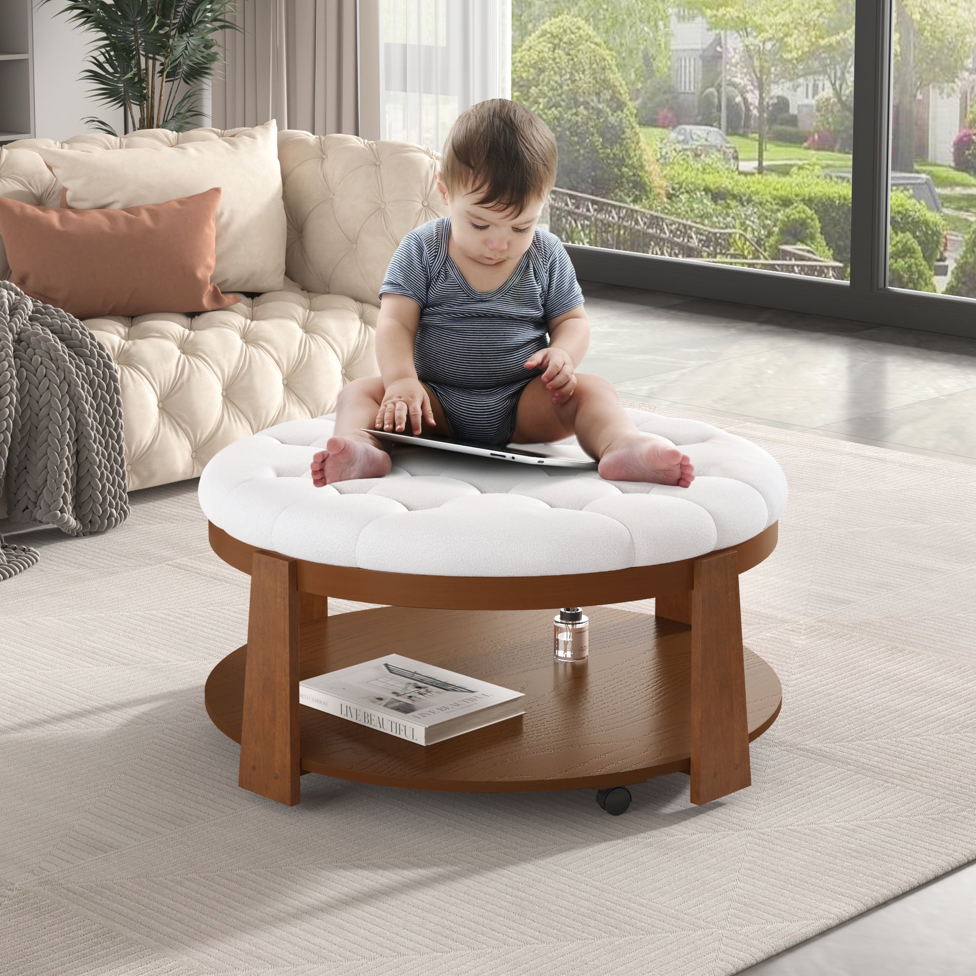 Euroco Large Round Ottoman Coffee Table 2-Tier Oversized Button Tufted Ottoman with Wood Shelf Storage Upholstered Coffee Table for Living Room Footrest Ottoman with wheel