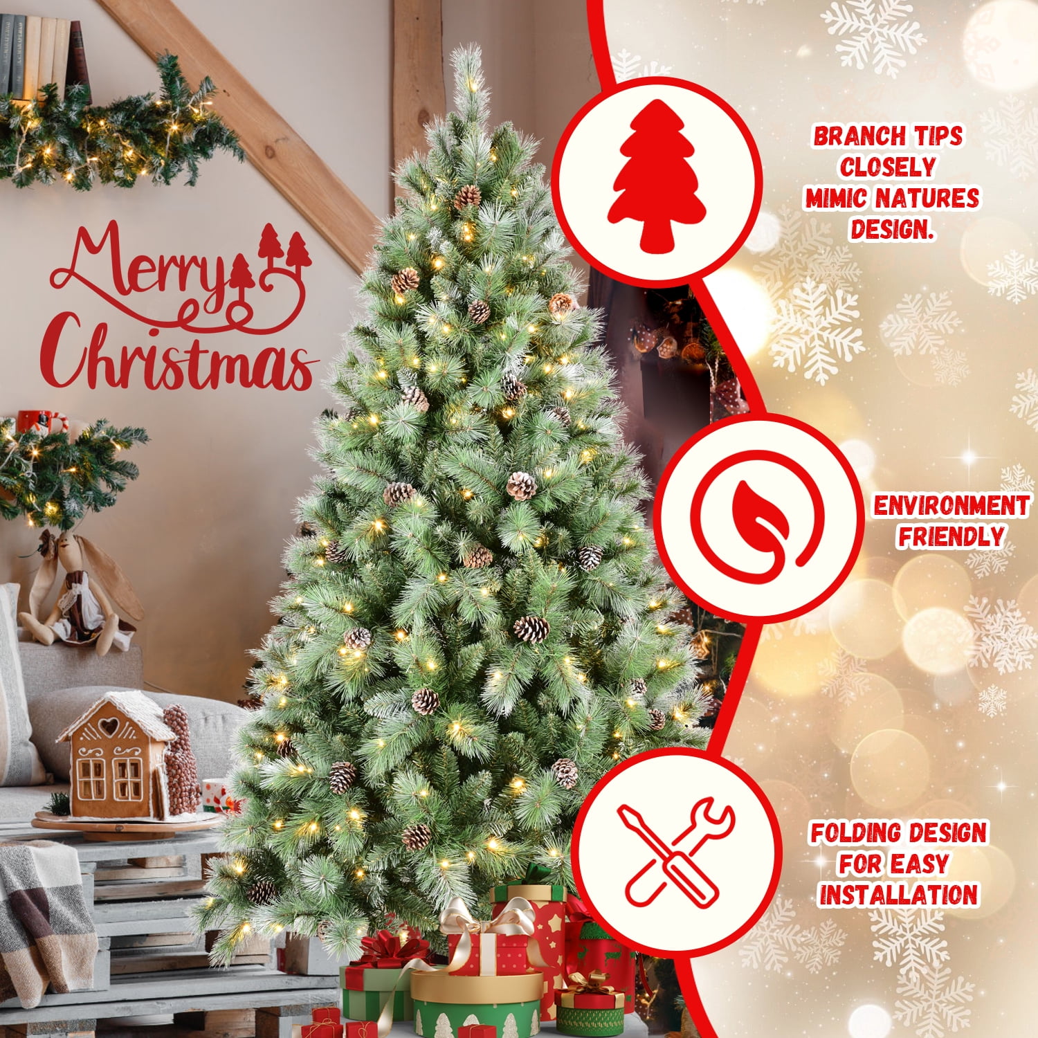 7.5ft Prelit Flocked Christmas Tree 1858 Tips 102 Pine Cones 550 LED Lights Hinged Branches Metal Stand