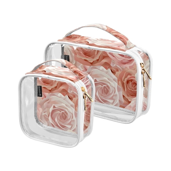 Roses Pink Clear Cosmetic Bags with Handles PVC Toiletry Bags Zipper Waterproof Portable for Traveling 2 Pcs