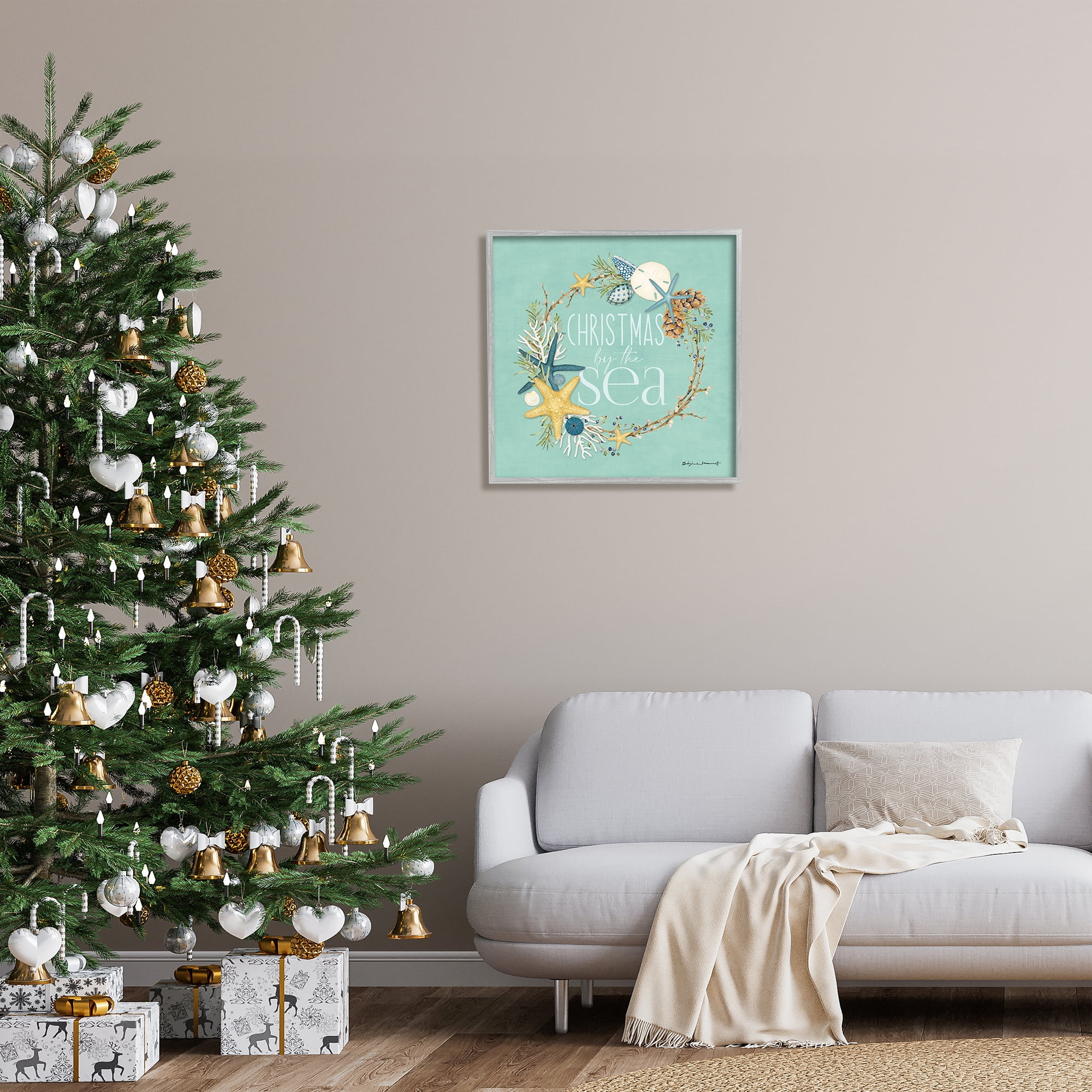 Stupell Industries Christmas By The Sea Wreath Holiday Painting Gray Framed Art Print Wall Art