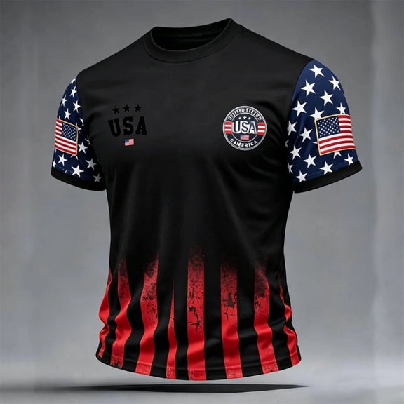 Mens Graphic T-shirts Short Sleeve Crewneck Tops USA Patriotic Chest Graphic Relaxed Plus Size Summer T Shirts for Man Black L