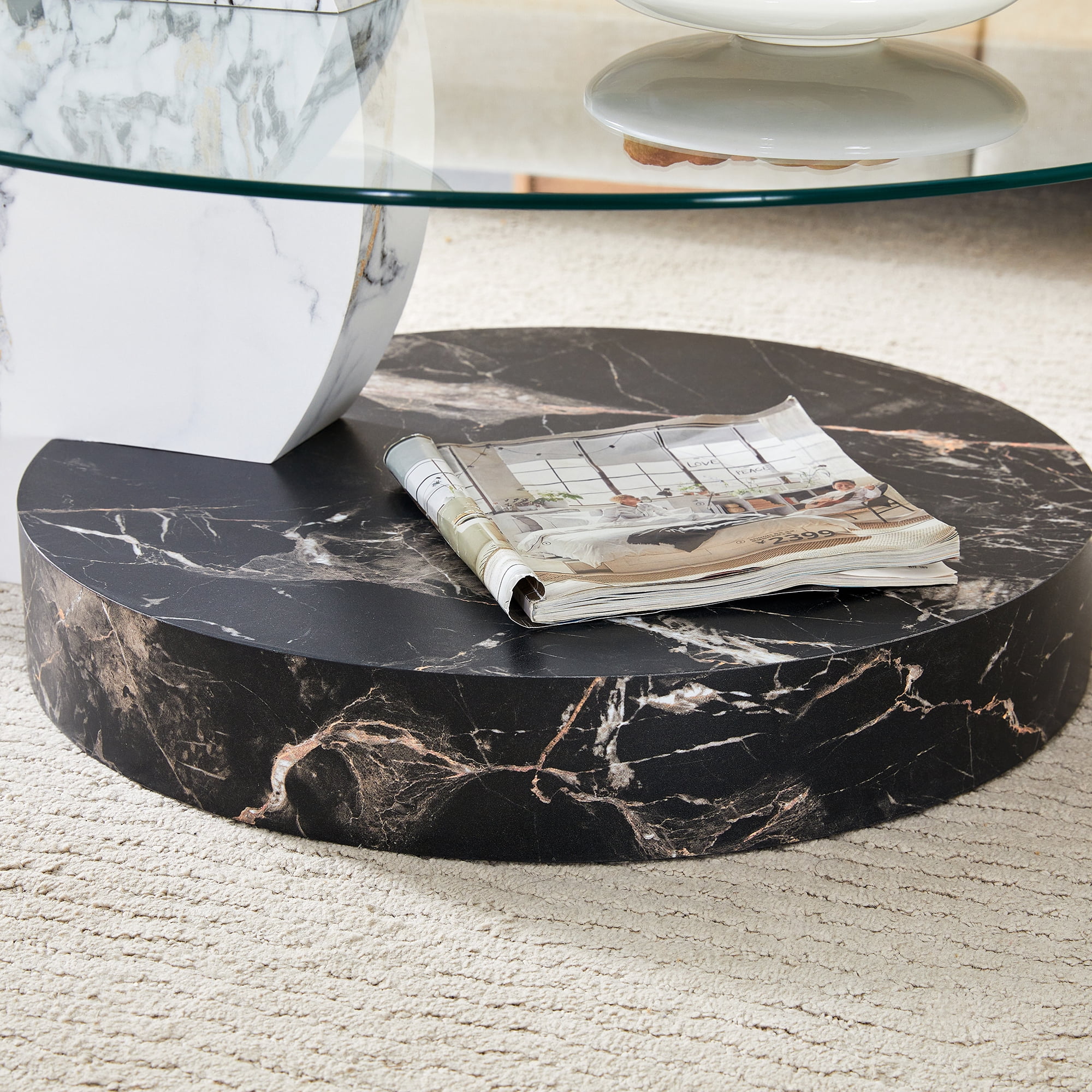JUFU 35.4" Glass Coffee Table, Modern Round Coffee Table with MDF Faux Marble Base, 2-Tier Tempered Glass Top, Easy to Assemble, Ideal for Living Room, Small Space, Home Office