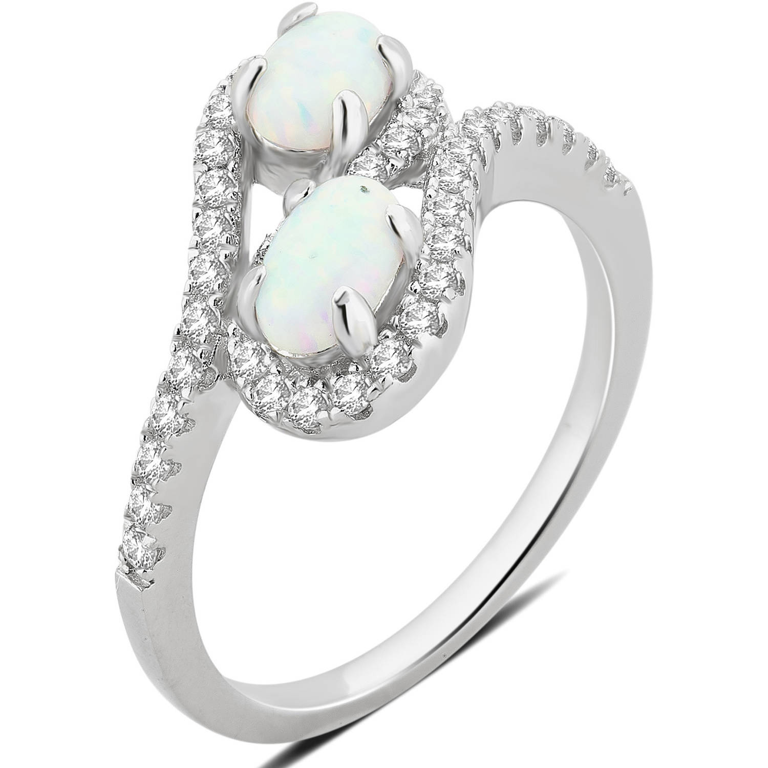 Created Opal and White Sapphire Gemstone Sterling Silver Two stone Ring