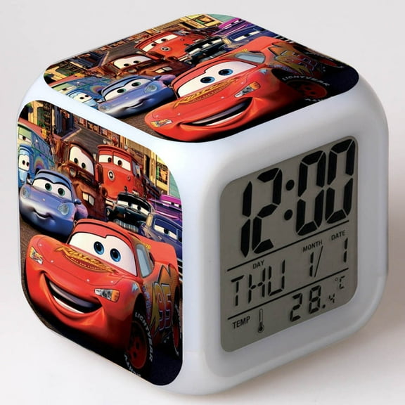 Hfnggwee Digital Alarm Clock for Kids, Cartoon Cars Pattern 7 LED Color Changing Wake Up Clock with Thermometer Function and Night Light, Gift for Boys Girls A93-1704 NZ113-488