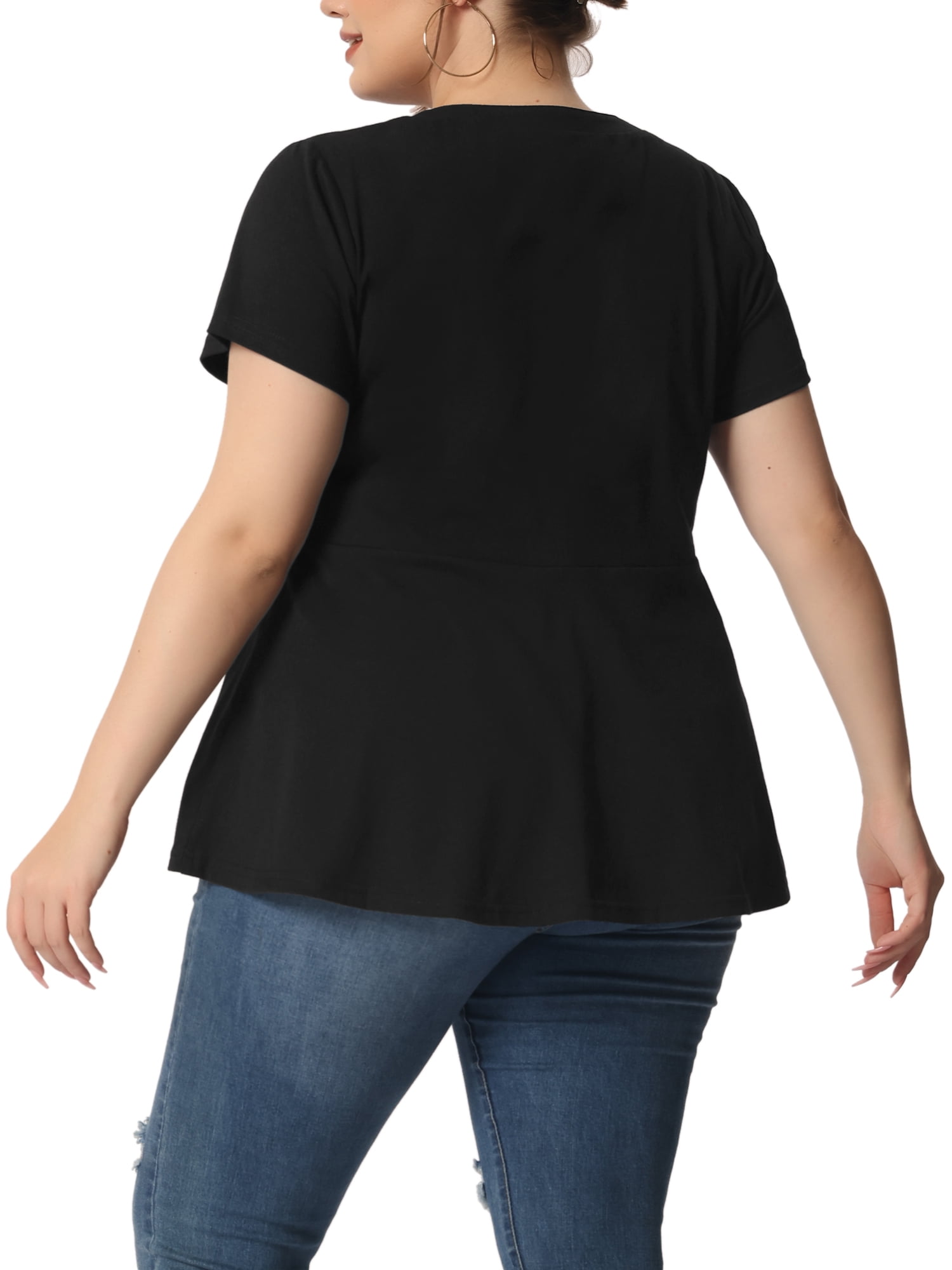 Unique Bargains Women's Plus Size Pintuck Half Placket Short Sleeve Peplum T-Shirt