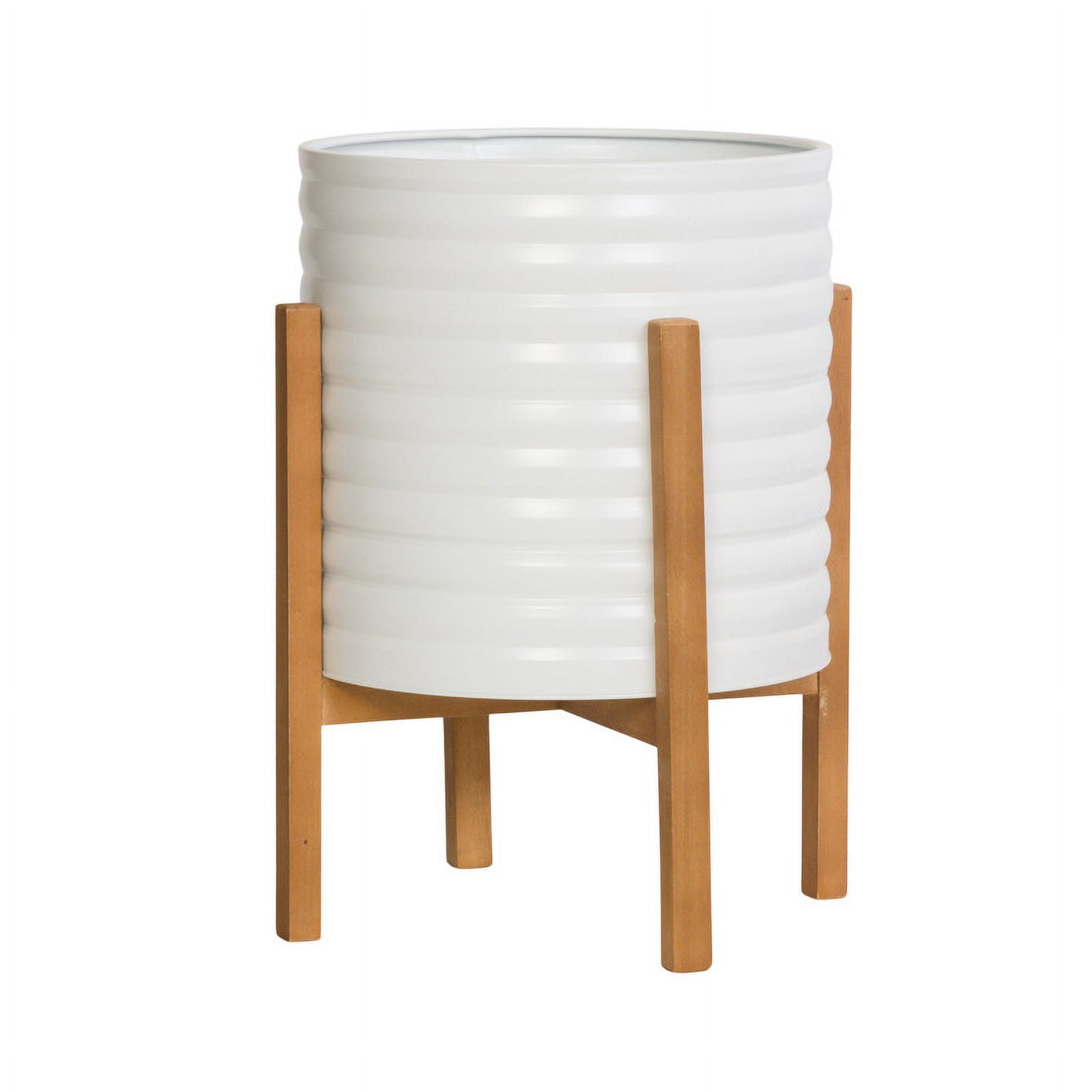 Ribbed Metal Planter Pot With 4-Leg Wood Base - White - 18.25"H x 14"W