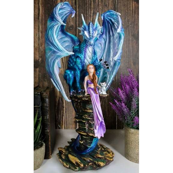 Giant Leviathan Blue Dragon Protecting A Young Princess Fairy With Kitten Statue