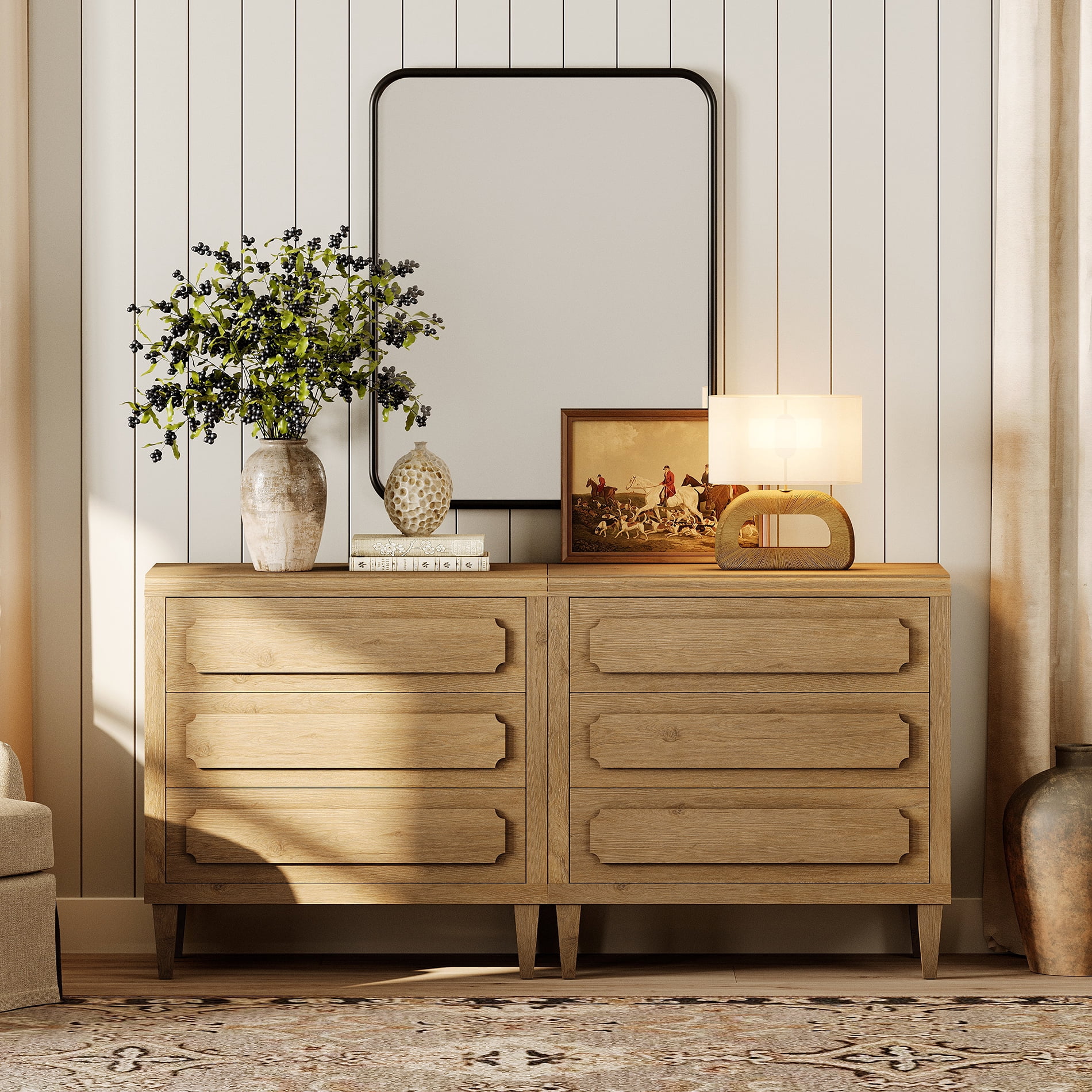 63" Oak Buffet Cabinet with Embossed Drawers, Modern Sideboard with Storage,Oak
