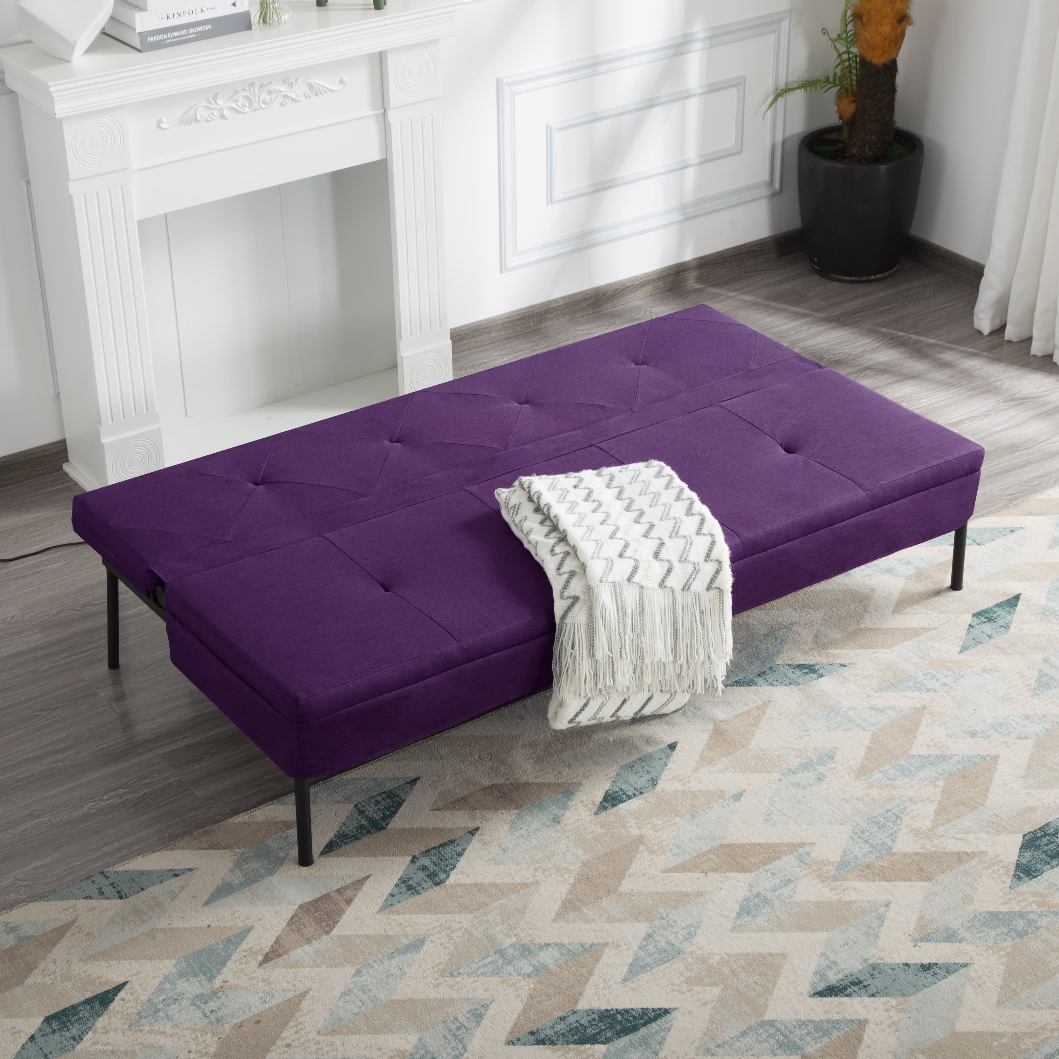 BSHTI 63 inch Convertible Sleeper Futon Sofa Bed,Polyester Fabric,All Iron Frame Convertible Futon Sofa Bed,for Living Room,Office,Small Apartment(Purple)