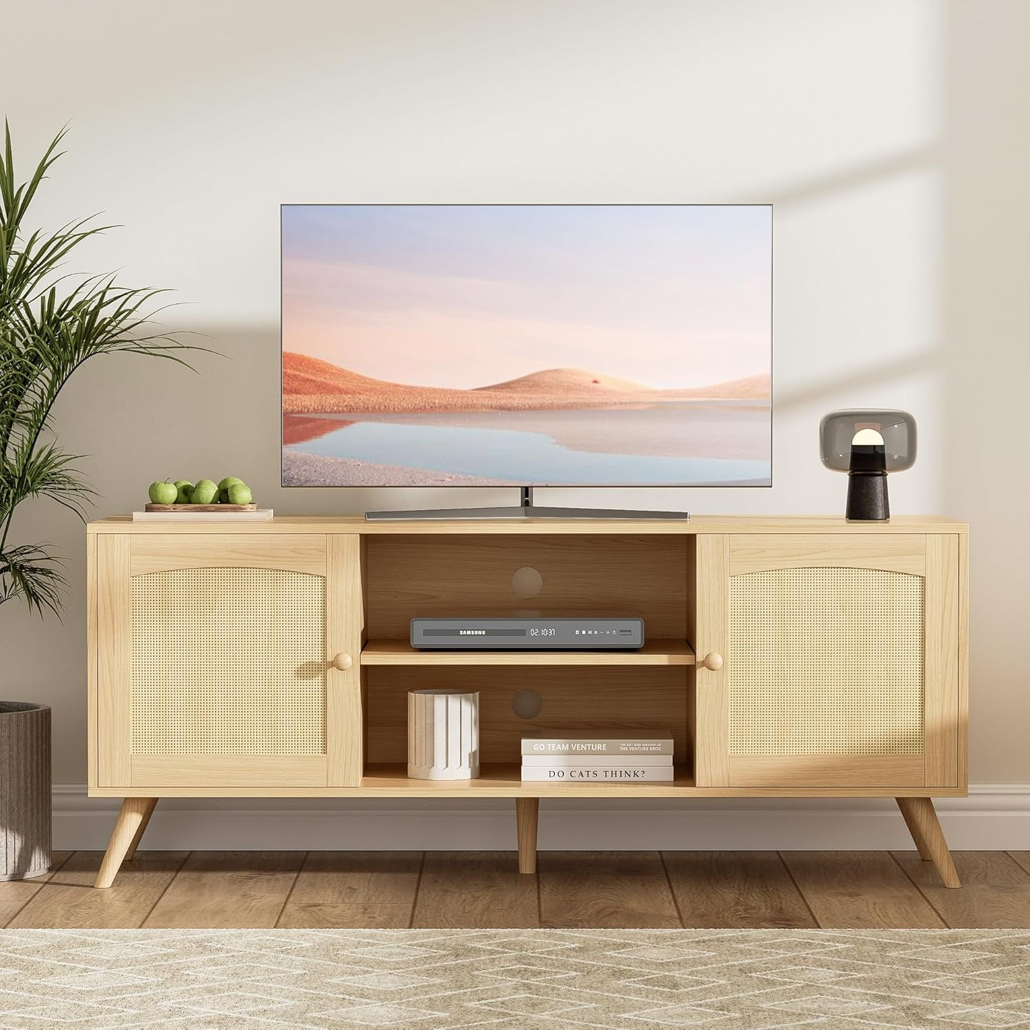 DIYART Oak Rattan TV Stand for 60 Inch TV, Wooden Mid Century Modern Entertainment Center with Natural Rattan Door, Boho Media TV Console for Living Room