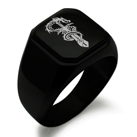 Stainless Steel Exalted Dragon Blade Engraved Square Flat Top Biker Style Polished Ring