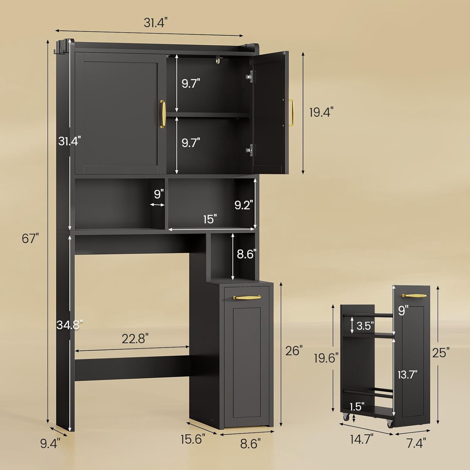 Over The Toilet Storage Cabinet with Pulley, Bathroom Storage Cabinet, with Adjustable Shelf and Open Shelf for Bathroom, Restroom, Laundry, Black