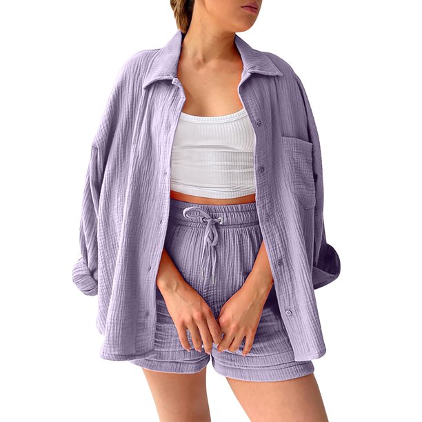 Conjunto de camisa holgada de solapa y un solo pecho + pantalones rectos de cintura alta para mujer - Mezcla de algodón, transpirable, mangas 7/8
