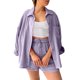 thumbnail image 1 of Conjunto de camisa holgada de solapa y un solo pecho + pantalones rectos de cintura alta para mujer - Mezcla de algodón, transpirable, mangas 7/8, 1 of 2