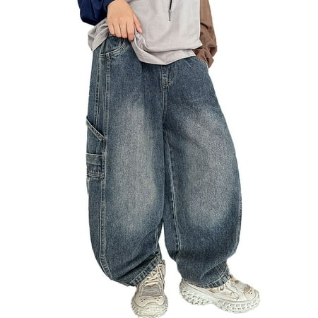 Generic Boys Jeans for Kids Comfortable Stretch Denim Pants Casual Loose Fit Trousers for Boys Elastic Waist Durable Soft Fabric School Wear 11-12 Years