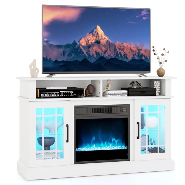 Costway Meuble TV avec Cheminée Électrique Lumières LED Télécommandes Armoires de Rangement Blanc
