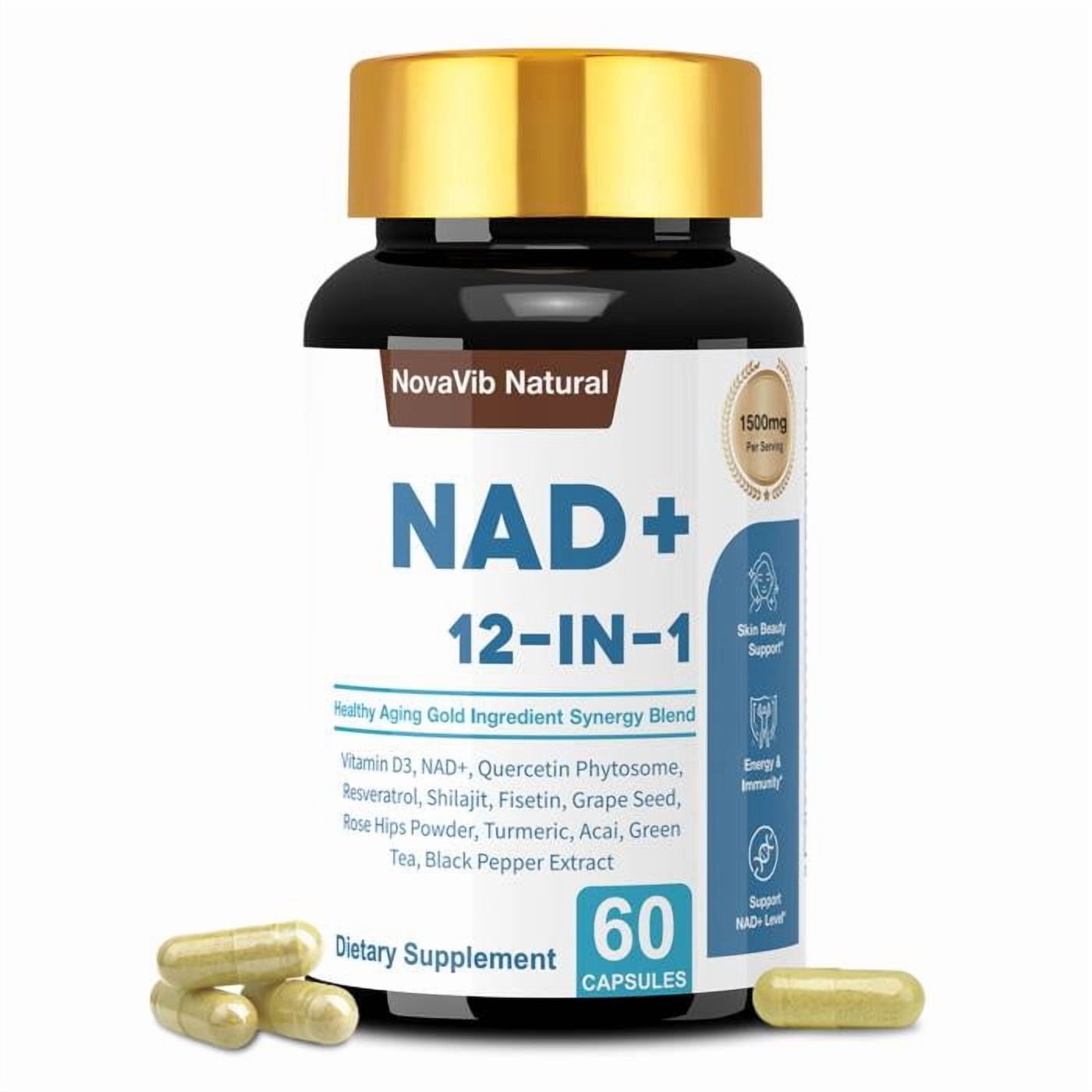NovaVib Natural 12-in-1 NAD+ Complex Supplement Supports Cellular Energy, Healthy Aging & Immune Defense for Women and Men 60 Capsules (30 Servings)