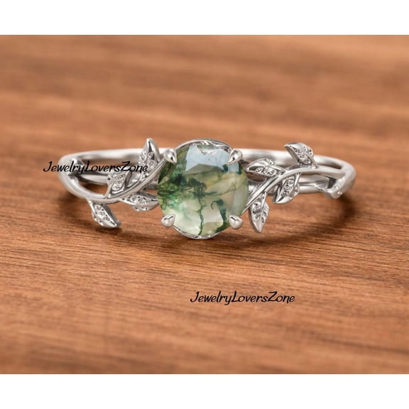 JewelryLoversZone Natural Moss Agate Ring for Women, Oval Green Agate Leaf Vine Silver Ring Size :- 3