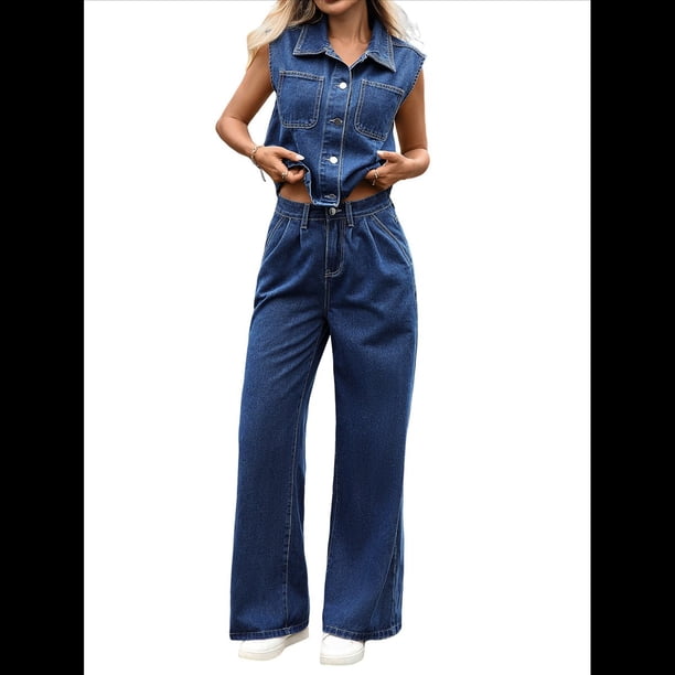 Mono Vaquero Sin Mangas para Mujer, Camiseta Sin Mangas con Botones, Pantalones Vaqueros Acampanados de Pierna y Pantalones Vaqueros de Campana. Azul S