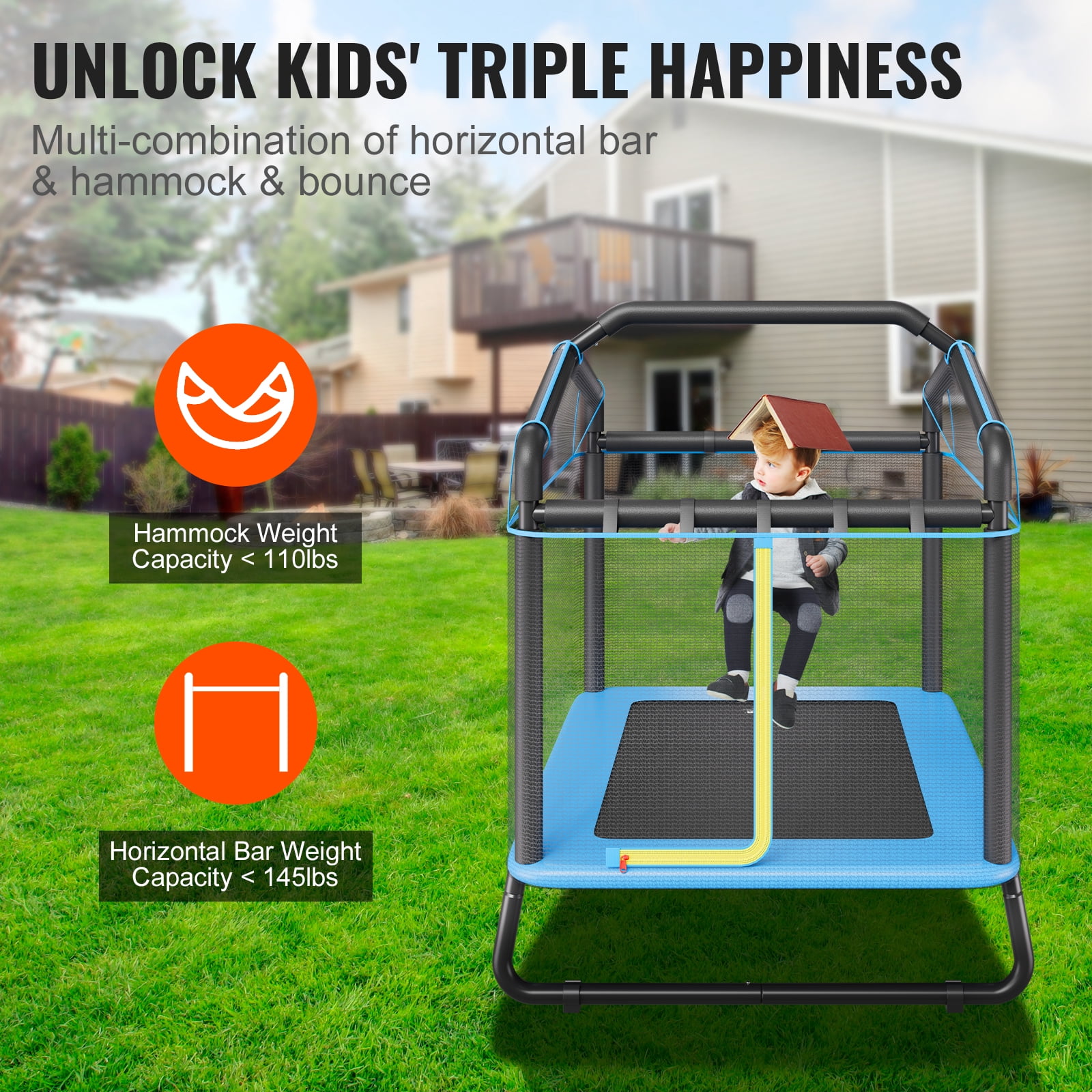 BENTISM Trampoline for Kids Toddlers with Enclosure Net Gymnastics Bar Hammock, Blue, 64.96" x 49.61" x 68.90"