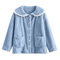 thumbnail image 4 of XRoczxe Women Fuzzy Fleece Button Front Sleep Jacket Lace Ruffle Peter Pan Collar Large Side Pockets Soft Warm Winter Loungewear Coat 7 Elegant Solid Colors, 4 of 5