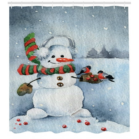 Outdoor Themed Bathroom Decor Snowman Shower Curtain, Watercolor Style Snowfall Outdoors Merry Christmas Theme Winter Bullfinch Birds, Fabric Bathroom Set with Hooks, 69W X 75L Inches Long, Multicolor, by Ambesonne ()