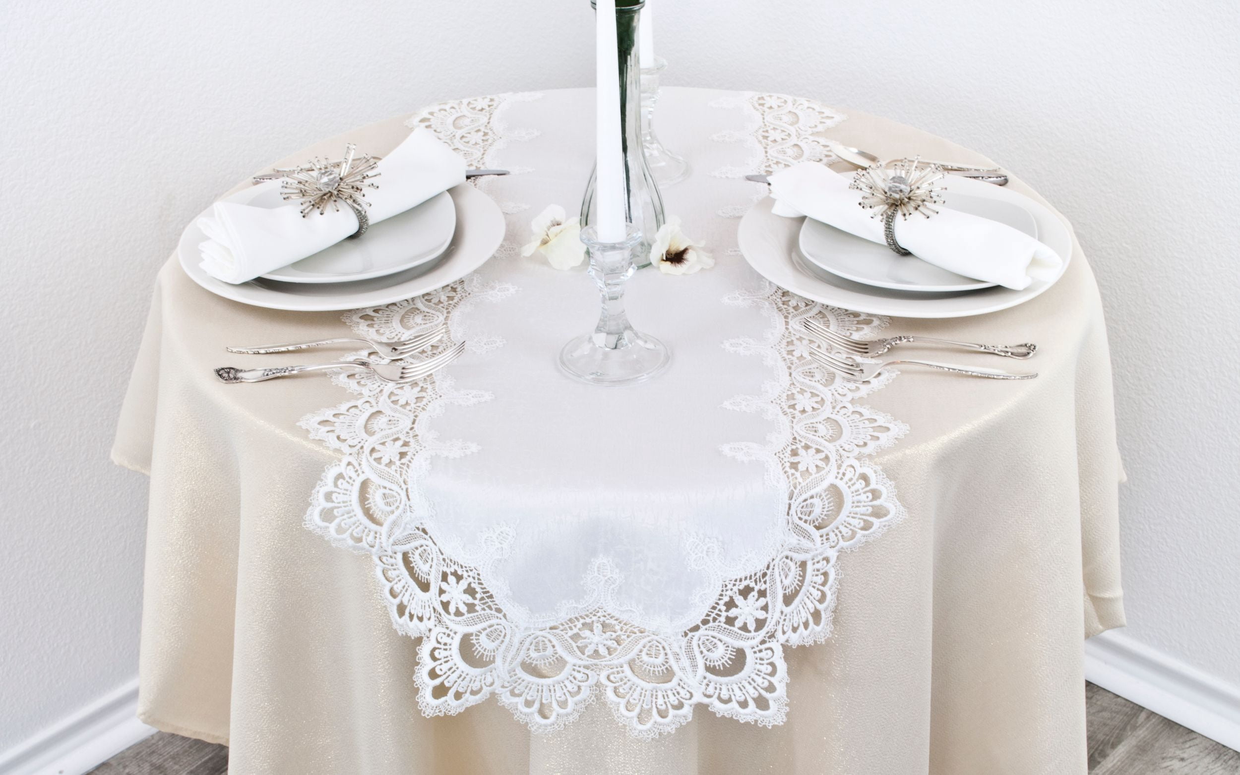 White European Lace and Antique Jacquard Fabric Table Runner (14" x 27" | 16" x 35"/44"/54" 14"x70")