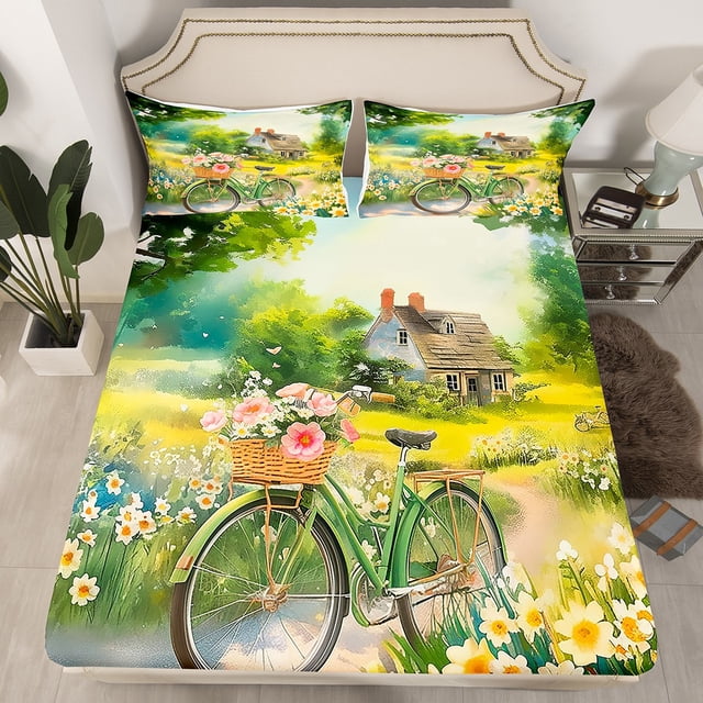 Erosebridal Spring Floral Fitted Sheet Set Twin, Rustic Road Bedding Twin Size, Plant Decor, 2pcs,(No Top Sheet)
