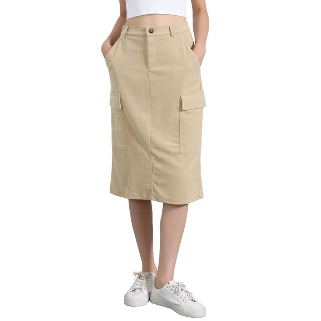 Falda Midi de Pana para Mujer INSPIRE CHIC con Cintura Alta y Espalda Elástica Talla M Caqui