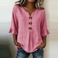 thumbnail image 3 of TGSLY Striped Ruffle 3/4 Sleeves Tops for Women Notch V Neck Flared Shirts Relaxed Fit Dressy Casual Decorative Buttons Curved Hem Blouses M, 3 of 7