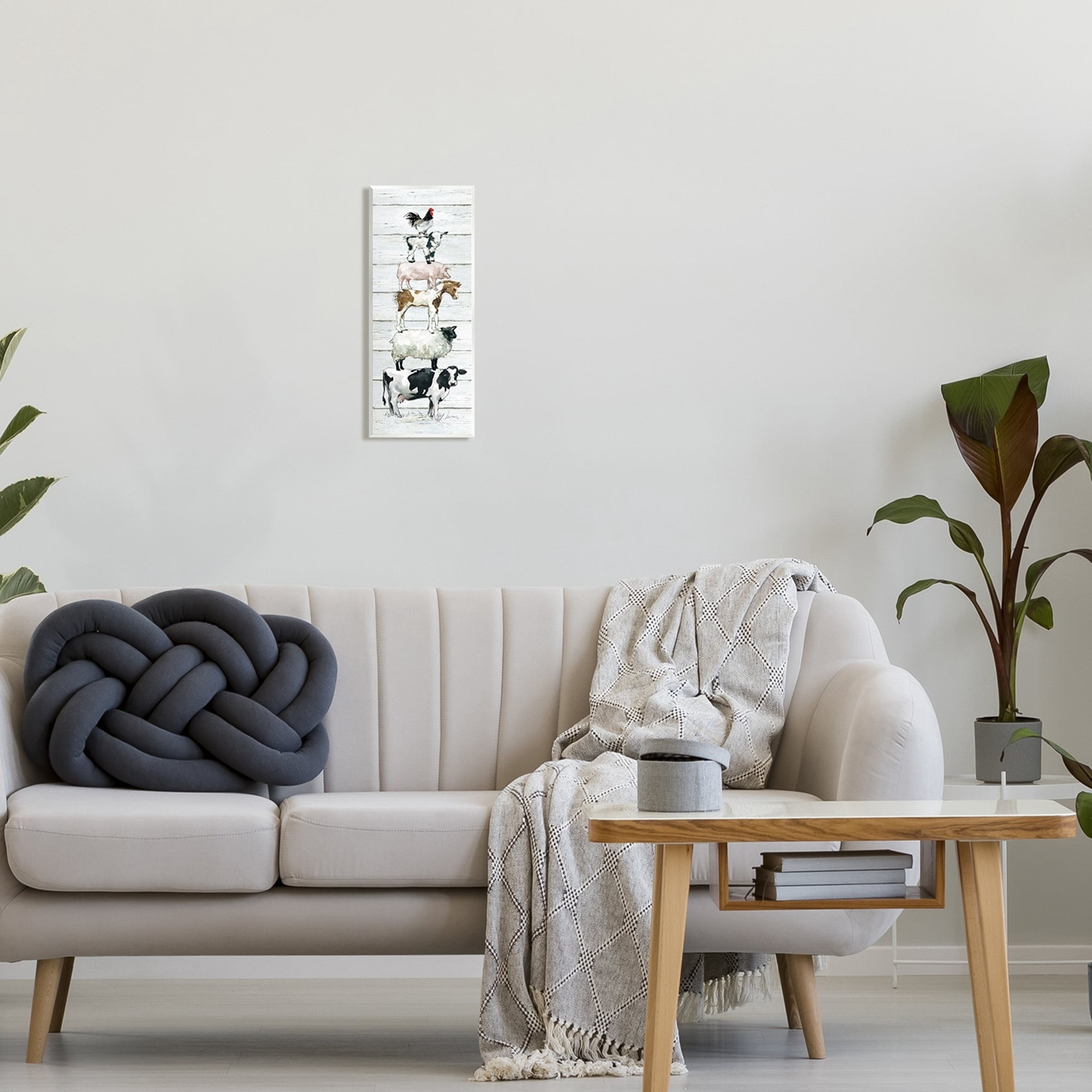 Stupell Industries Balancing Farm Animals Rustic White Plank Pattern Graphic Art Unframed Art Print Wall Art, Design by Carol Robinson