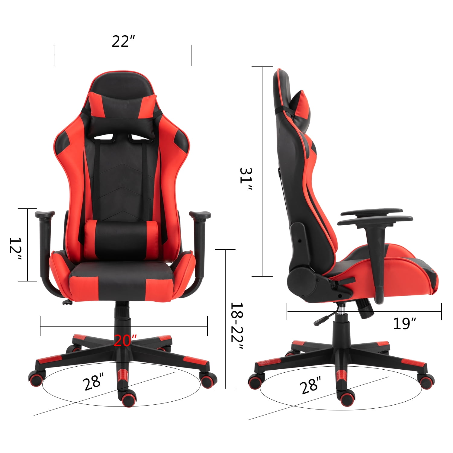 Gaming Chair Office Desk Chair Ergonomic Reclining Computer Chair Height Adjustable Swivel Recliner with Headrest Lumbar Support, Black Red