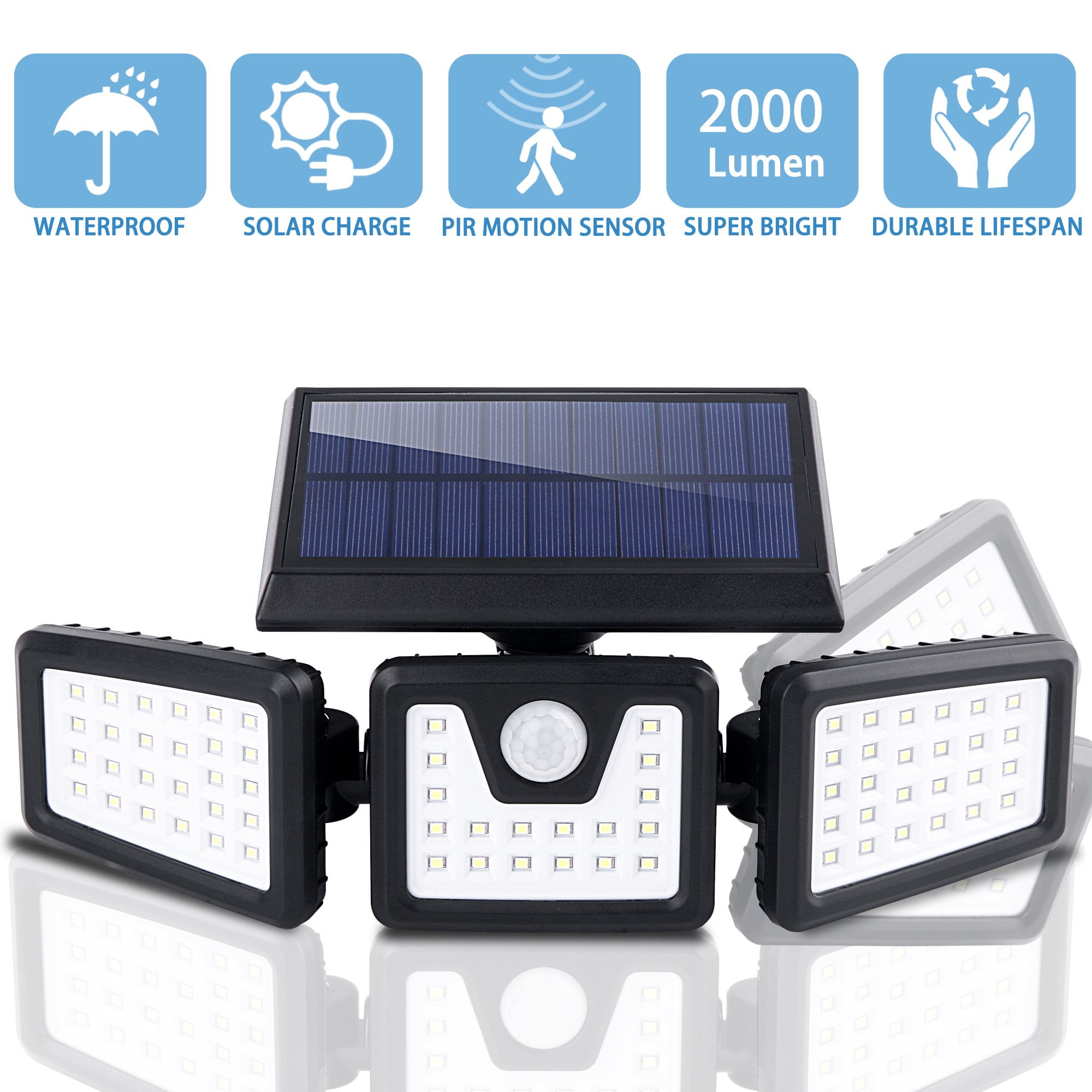 2000 Lumens Solar Security Light Motion Activated LED Outdoor Flood Weather 130 