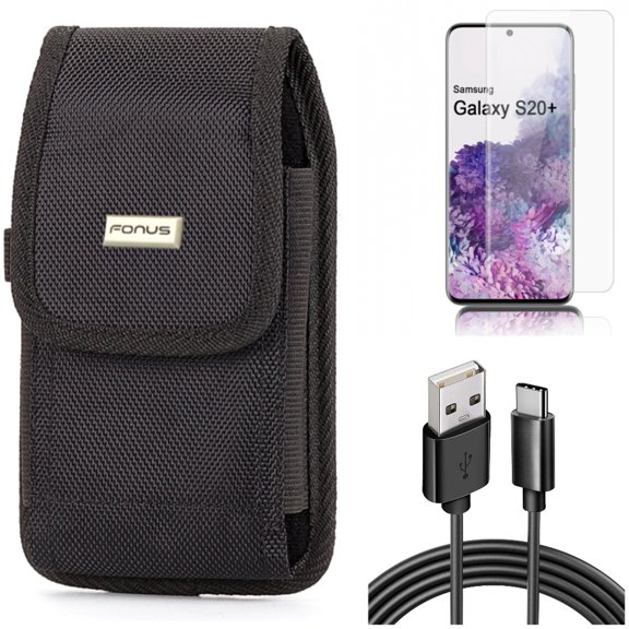 Screen Protector w 6ft USB Cable w Case Belt Clip for Samsung Galaxy S20 Plus - Tempered Glass [Fingerprint Unlock] 3D Curved Edge, Type-C Charger Cord Power, Rugged Holster fits Galaxy S20 Plus