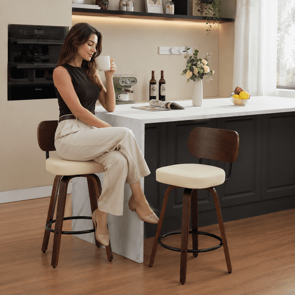 ToduFish 26-Inch Swivel Counter Height Bar Stools, Set of 2, Beige PU Seat, Black Backrest, Walnut Finish