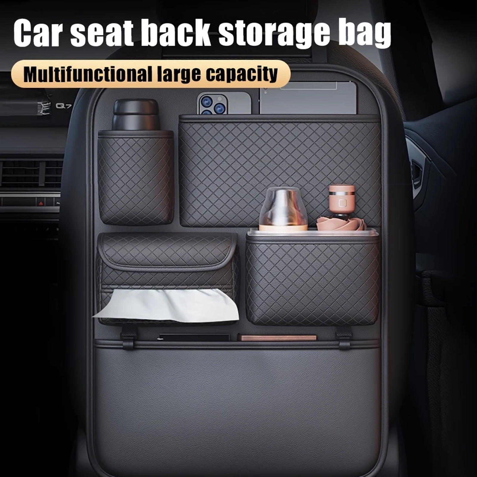 DEXIMRO 2 Pack Car Seat Back Organizer Large Capacity Handbag Holder With Side String Bag Pockets Hanging Carbon Fiber Texture Automobile Storage Bag Behind Seats(Black)