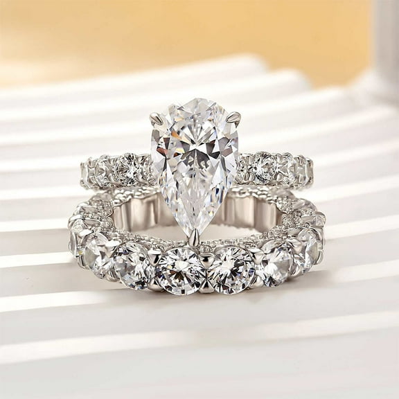 Eloya Jewel 1.5 Ct Pear Cut Bridal Engagement Ring Set – Lab-Created Simulated Diamond in 14K White Gold Plated Prong Setting – Elegant Wedding Jewelry