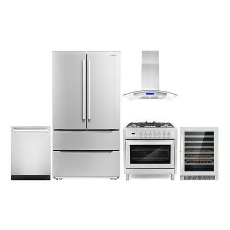 Cosmo 5 Piece Kitchen Appliance Package with 36  Freestanding Dual Fuel Range 36  Island Range Hood 24  Built-in Fully Integrated Dishwasher French Door Refrigerator & 48 Bottle Wine Refrigerator