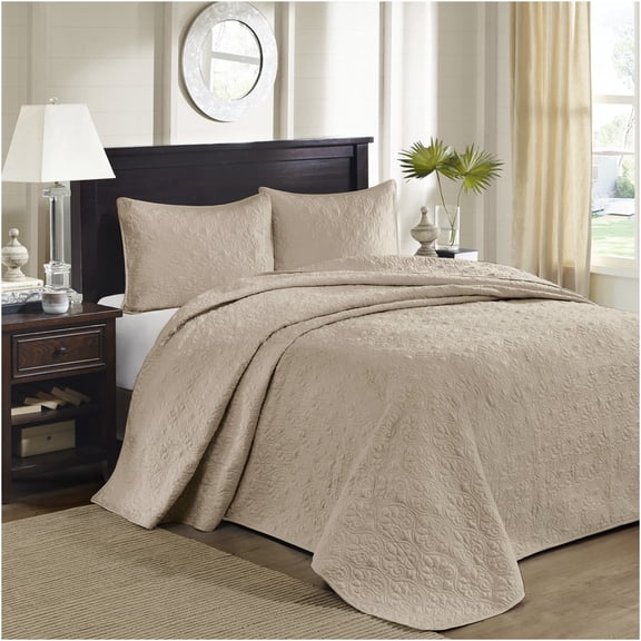JERFIT Reversible King Size Bedspread Set with Shams, Antimicrobial Quilted Cotton Filling, Oversized 120x118 Inch, Khaki