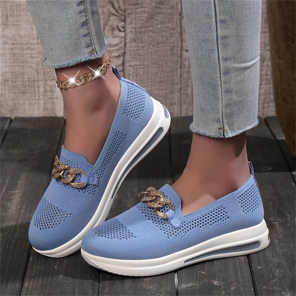 XIAQUJ Ladies Fashion Solid Color Mesh Metal Chain Decorative Thick Soled Casual Sports Shoes Women's Fashion Sneakers Sky Blue 9(42)