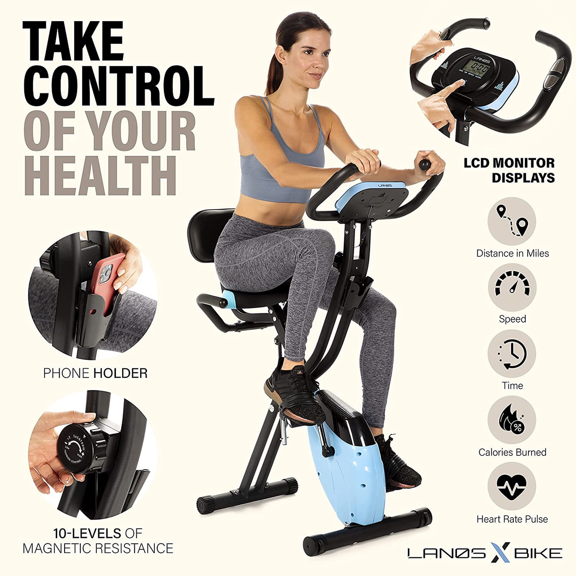 Lanos Brands Foldable Exercise Bike Home Workout Equipment 10 Level Adjustment Blue Walmart