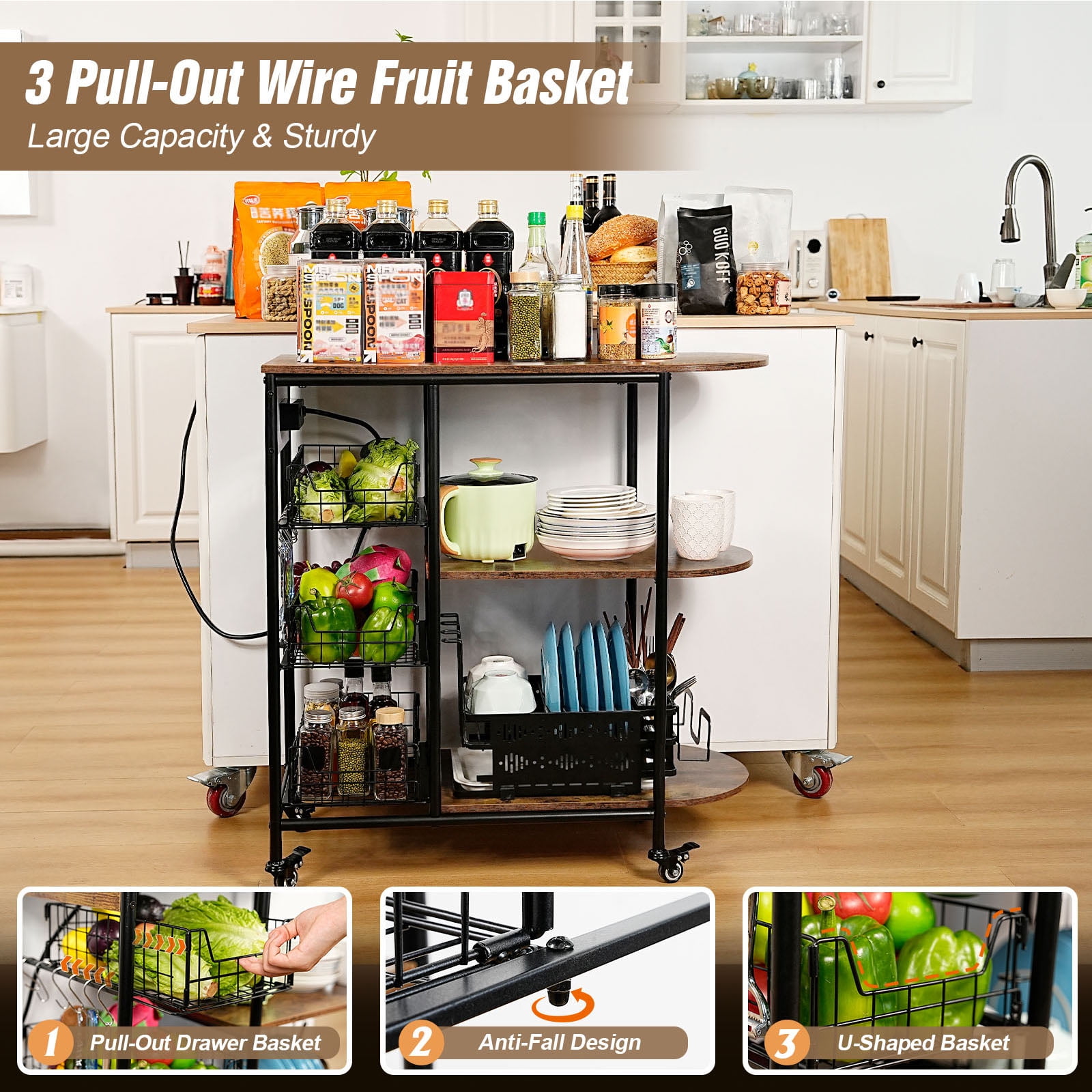 ZZBIQS Bakers Rack with Power Outlet,Rolling Kitchen Island on Wheels for Oven Microwaves,Coffee Bar Table Storage Shelves, 32.7*14.2*33.9 inches,Brown